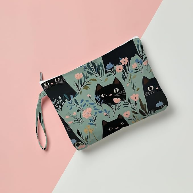 Fokongna Black Cat Print Wet Bag, Small Portable Waterproof Multi-Functional Organizer for Women，Green Floral Black Cat Pattern，Ideal for Daily, Beach & Travel