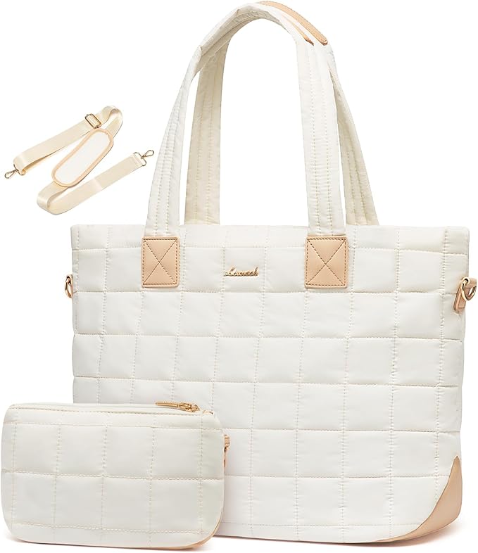 LOVEVOOK Laptop Tote Bag for Women, 17 Inch Large Puffer Work Computer Tote Bags for Teacher Nurse, Quilted Women's Purse Tote Shoulder Handbags with Zipper for Travel College Office Gym, Beige