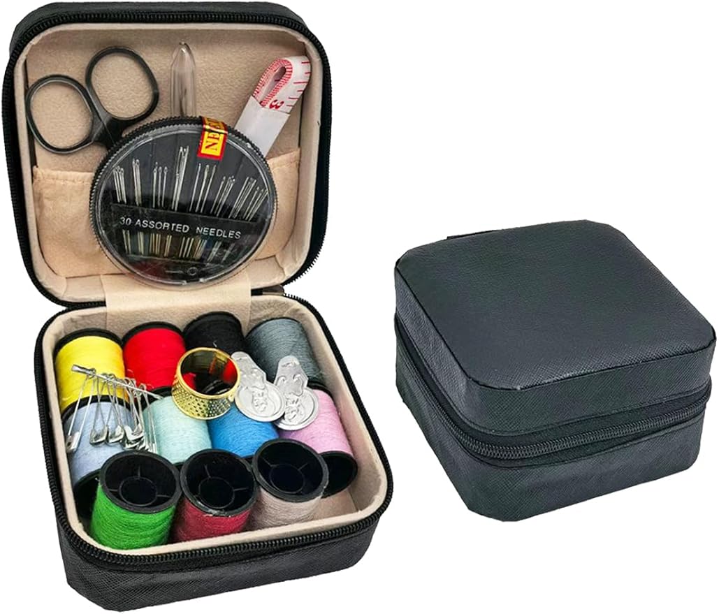 Portable Sewing Kit for Adults, Travel Sewing Supplies with Needles, Thread, Scissors, Zipper Repair Kit, Mini Emergency Sewing Set for Home, Office, Beginner & on-the-Go Repairs (Black)
