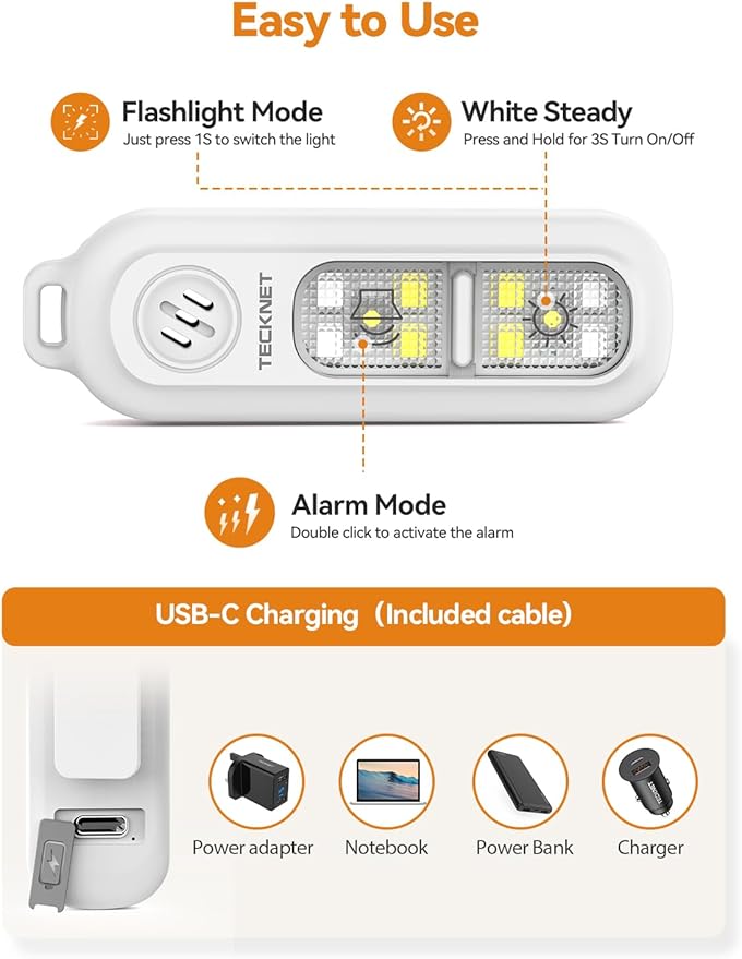 TECKNET Personal Safety Alarm 135dB with SOS Strobe Light for Women - Rechargeable& IPX4 Waterproof Running Lights with Clip On Torch & Low Battery Notice, Safety Siren for Running, Travel Kids, Wihte