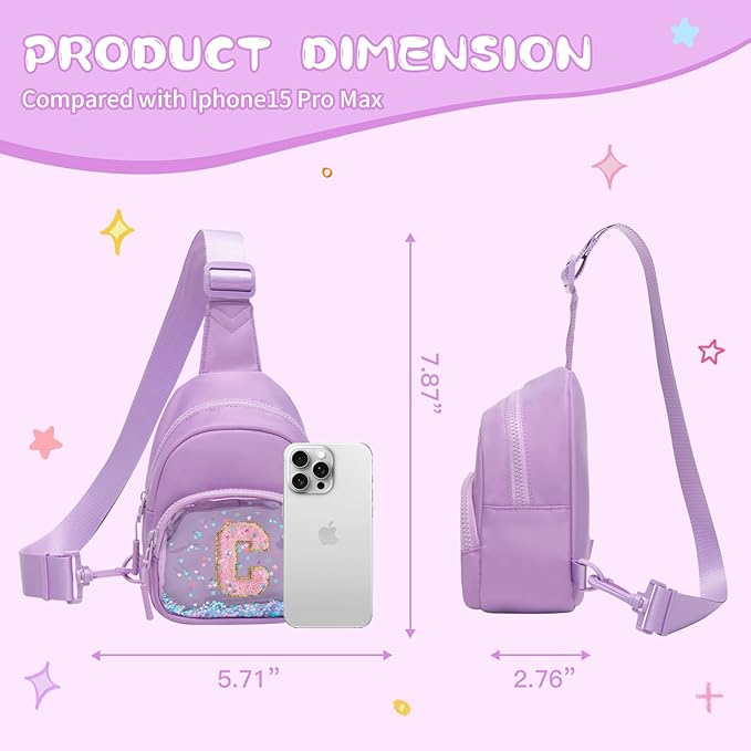Viverte Birthday Gifts for Girls Small Clear Initial Sling Bag Crossbody Bag Purse Fanny Packs Personalized Monogrammed Gifts for Girls for Travel (Lavender-C)