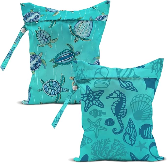 2 Pcs Sea Turtle Wet Bags, Ocean Wet Dry Bag Reusable Zipper Pouch for Swimsuit, Diapers, Pool, Beach, Travel, Dirty Yoga Gym Clothes, Toiletries, Waterproof Birthday Gifts, Sea Turtle Gifts for Women