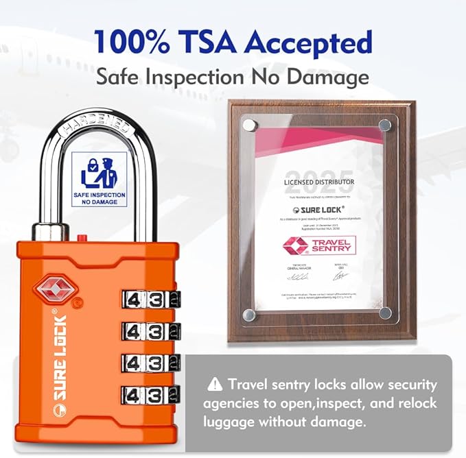 SURE LOCK TSA Approved 4 Digit Combination Lock, Heavy Duty Padlock with Red Dot Indicator for Gun Cases, Pelican Cases, Tool Boxes, Gym Lockers, Storage Units & Outdoor Gates (2, Orange)