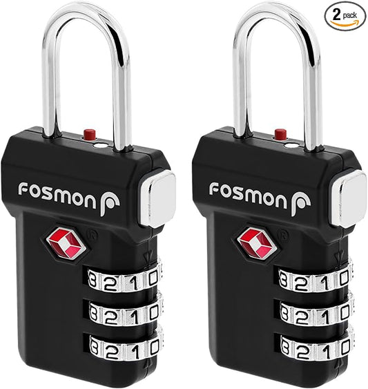 Fosmon TSA Approved Luggage Locks, Suitcase Travel Lock with Push Release Button for Extra Security, 3 Digit Combination Padlock for Gun Case Backpack Zipper Anti Theft Gym Locker - Black, 2 Pack