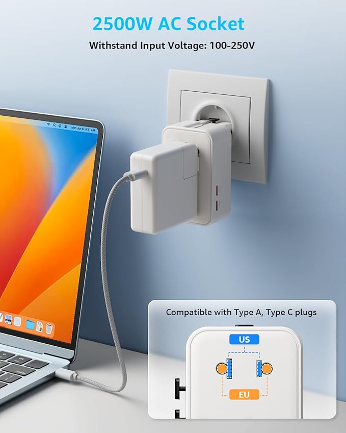 “Air” Universal Travel Adapter, Slim International Travel Plug Adapter with 2 USB-C(PD 25W) ＆ 2 USB-A Ports, All in One Portable Adaptor, for USA, UK, EU, AU ＆ 224+ Countries (White) US