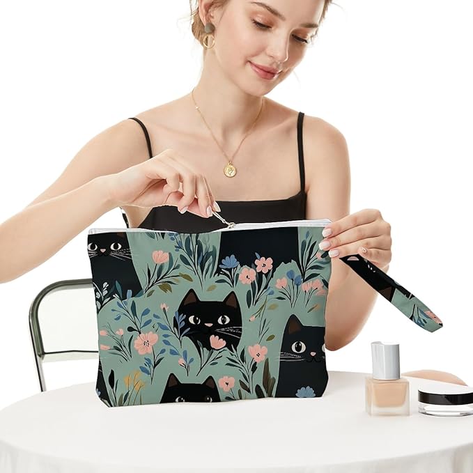 Fokongna Black Cat Print Wet Bag, Small Portable Waterproof Multi-Functional Organizer for Women，Green Floral Black Cat Pattern，Ideal for Daily, Beach & Travel