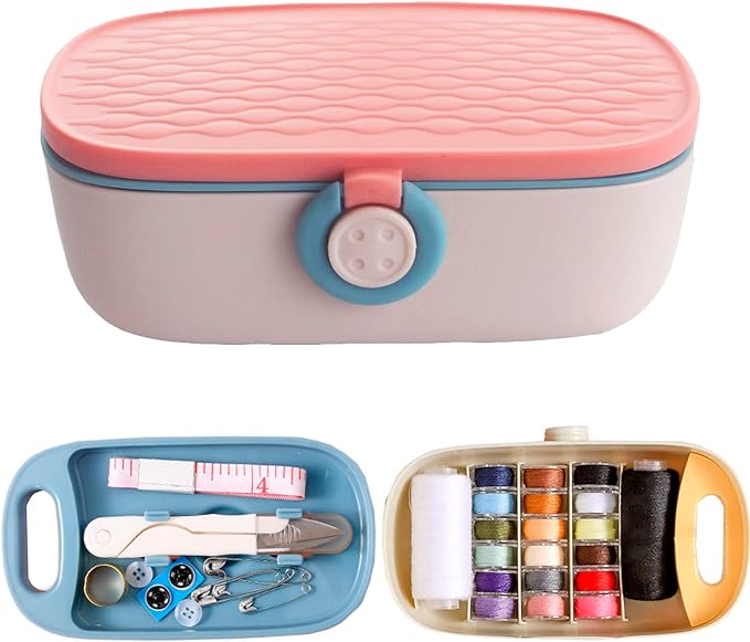 Missraza Sewing Kit, Portable Kit for Adults, Plastic Box Needle and Thread Accesories Supplies Pink 15.5x6cm(6.1x2.36in)