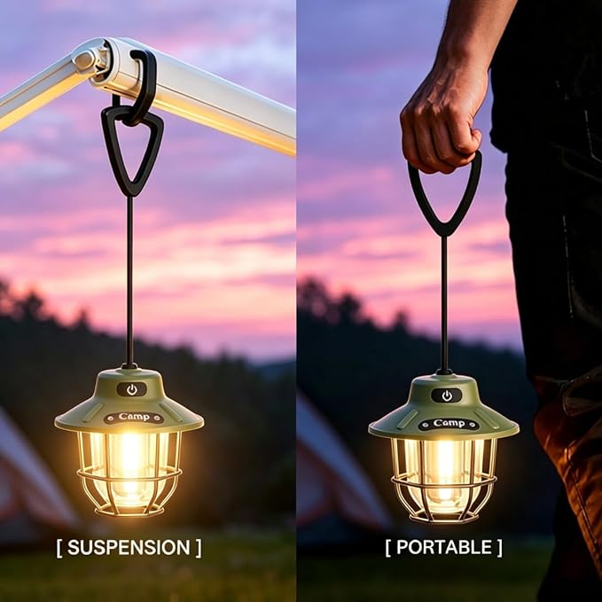 Rechargeable Camping Lantern, 4 Light Modes, Portable for Hiking, Power Outage Emergency, Handheld or Hanging Tent Light for Outdoor, Camp, Home