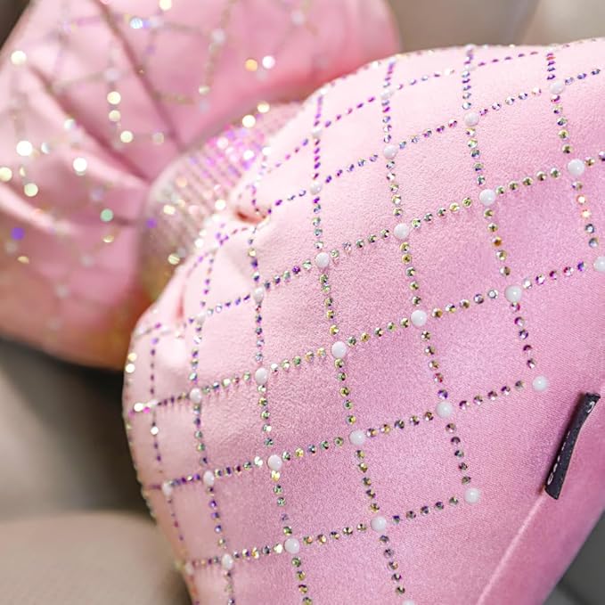 Carwales Pink Bow Lumbar Support Pillow for Car Accessory Women Girl Couch Cushion Decorative Back Pillow Bling Rhinestone Pearls 1 Pack