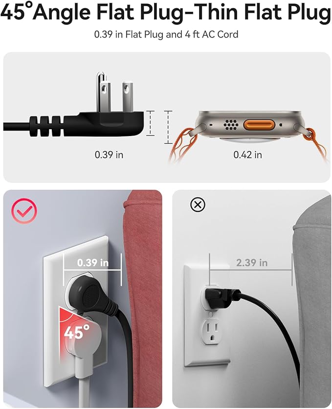 ORICO 45W Power Strip for iPhone 17 and Galaxy S25, 7 in 1 Charging Station with 3AC, 2 USB-A, 2 USB-C, 4ft Thin Extension Cord, Flat Plug Fashion Essential for Cruise Ship/Travel/Home/Dorm - TK45