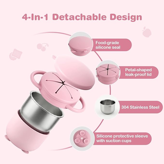 Daximo 2 Pack Toddler Snack Cups with Suction Base — 4-in-1 Detachable Stainless Steel Cups, Snack Cups for Toddlers Spill Proof with Silicone Lids & Handles for Mess-Free Snacking