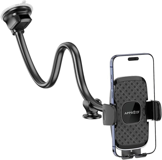 APPS2Car 14'' Gooseneck Car Phone Holder,Heavy Duty Phone Holder for Truck, [Flexibile Long Arm] [Anti Shake stabilizer] Windshield Car Phone Mount Suction Cup,Fit for iPhone, Samsung (Black Plaid)