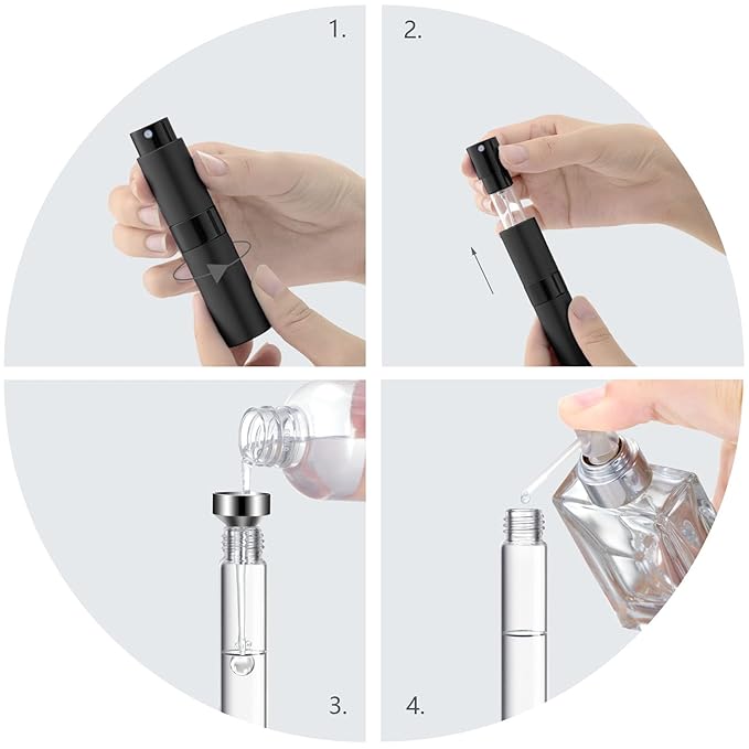 Lil Ray 8ml Portable Mini Perfume Atomizer(4 PCS)，Refillable Empty Small Spray Bottle for Travel, Twist Type Pocket Cologne Sprayer (Silver)