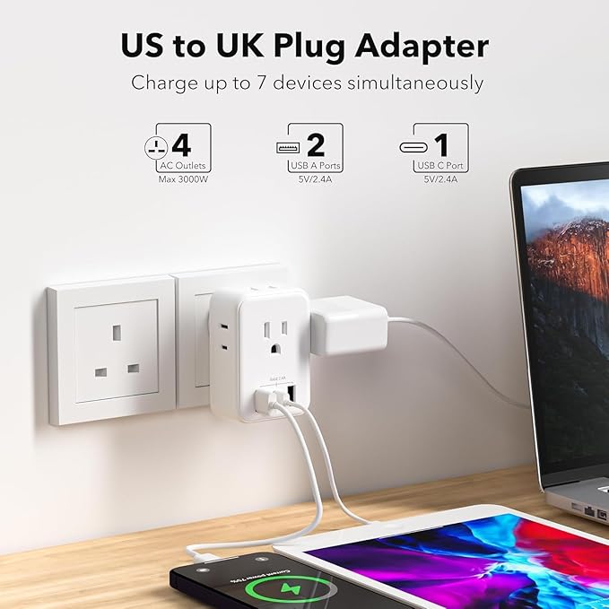 BN-LINK 2 Pack US to UK Plug Adapter, Type G Power Adapter with 4 Outlet 3 USB Charger, International Plug Adapter, USA to Ireland Dubai England British London Hong Kong Singapore Travel Essentials