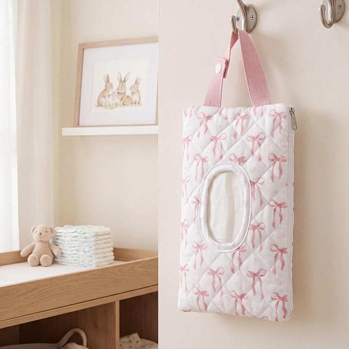 Quilted Pink Bow Baby Wipe Holder Fabric Wipes Dispenser Bag with Handle Portable Wet Wipes Pouch for Baby Travel Home Car Stroller