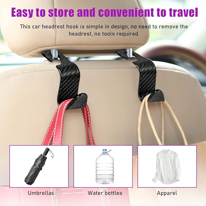 povtii 4 PCS Car Seat Headrest Hooks, Auto Backseat Organizer Hanger Holder, Vehicle Seat Back Storage Hooks for Purse Coat Umbrella Grocery Bag Handbag, Interior Car Accessories (Carbon Fiber)