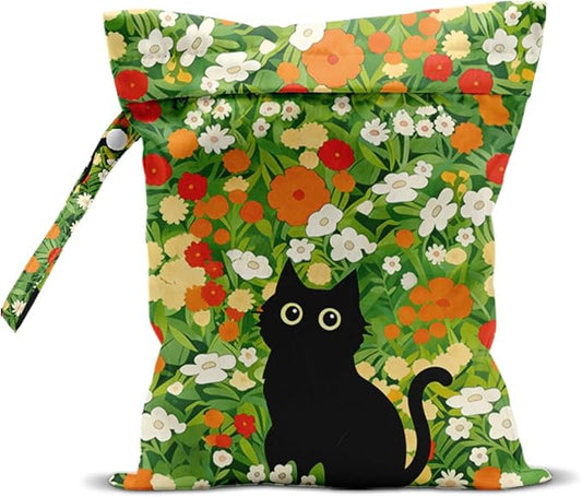 Black Cat Floral Wet Dry Bags Waterproof Wet Bags Reusable Swimsuit Bag Diaper Pouch for Travel Swimsuits Diapers Towels Cat Gifts for Women Friend Travelers 10 x 13 Inches