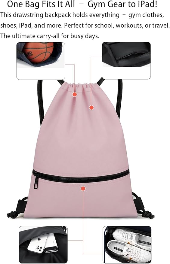 Water-Resistant String Bag for Women Men with Shoes Compartment and Zippered Pocket for Soccer, Basketball, Swim (Pink, 16.5 * 19 inches)