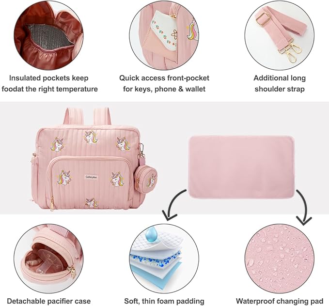 GOBABYMART Diaper Bag Backpack with Changing Pad - Travel Baby Bag, Insulated Bottle Pockets, Stroller Straps (Medium - Pink Unicorns)
