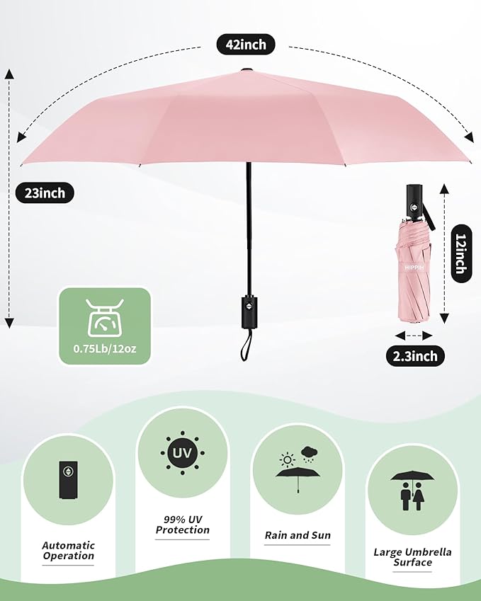 HIPPIH Compact Travel Umbrella for Rain - Windproof Automatic Umbrellas, UV Umbrella for Sun Protection with Black Anti-UV Coating, Portable Small Umbrellas for Backpack, Car, Walking, Kids, Women