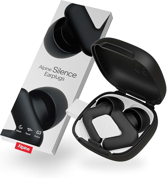 Alpine Silence Earplugs for Sleep, Focus & Travel - V-Shape Snug Fit & Soft Oval Tips – 4 Sizes XS/S/M/L - Comfortable, Reusable Hearing Protection - up to 25dB – Black