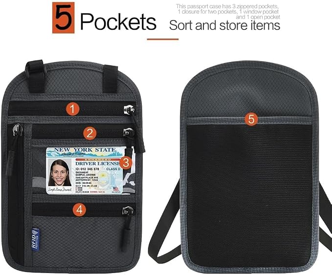 2-Pack RFID Blocking Passport Holder for Travel – Hidden Neck Wallet with Phone Pocket, Lightweight Under-Clothing Pouch Fits 7-inch phone & 2 Passports, Anti-Theft Organizer (Black & Light Gray)