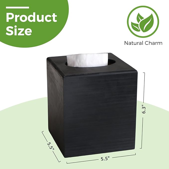 S310 Wood Tissue Box Cover, Square Tissue Box Holder with Slide-Out Bottom, Wooden Cube Tissue Covers Tissue Holders for Bathrooms Office Kitchen, Black