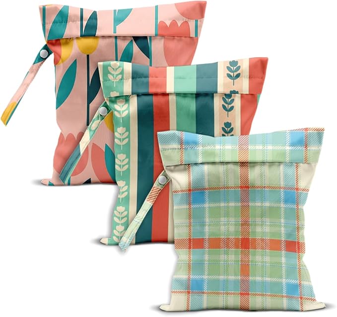 Plaid Tulip Print Wet Dry Bag, Reusable Washable Waterproof Wet Bag for Swimsuit Diaper Dirty Clothes, Set of 3, Portable Storage Pouch for Travel Beach Pool Gym Camping, Cute Flower Lover Gifts