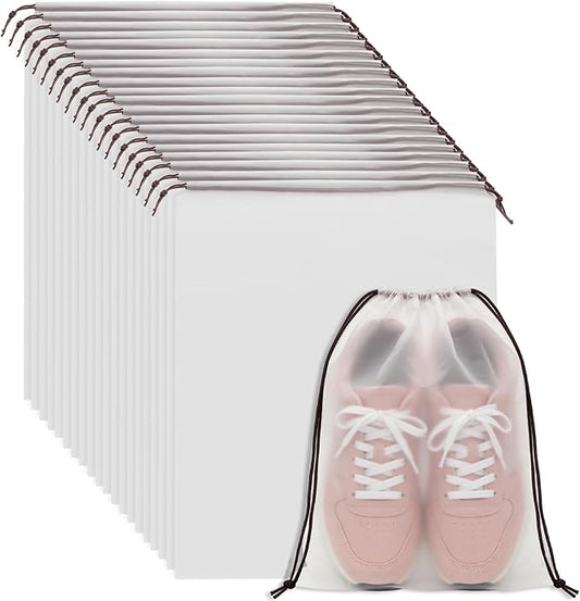 HAKZEON 50 PCS 16x20 Inch Clear Plastic Drawstring Bags, Portable Translucent Shoes Storage Organizers Pouch with Rope, Thickness 2 Mil Travel Bags for Sneakers, Dress Shoes, Slippers, Sandals