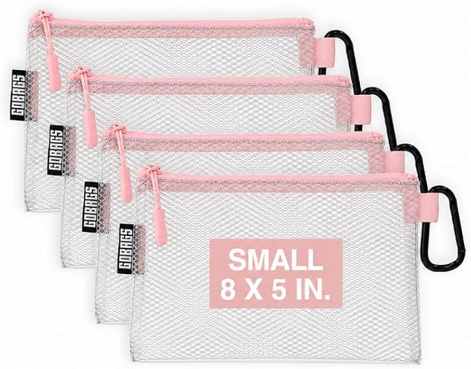 GOBAGS Air Production Small Clear Zipper Pouch (4-Pack) – Cable Organizer & Travel Gear Bag for Electronics, Camera Accessories, Tool Pouch & Small Tech Storage (Pink)