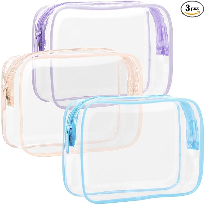 F-color TSA Approved Toiletry Bag 3 Pack Medium - Clear Makeup Bag Travel Quart Size for Women Men, Clear Cosmetic Bag Airport Airline Compliant Carry on Bag, Macaron Blue Purple Pink