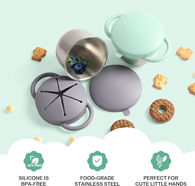 Daximo 2 Pack Snack Cups for Toddlers Spill Proof - Detachable Stainless Steel Toddler Snack Cups with Silicone Lids & Handles - Dishwasher Safe Snack Container(Matte Gray and Mint Green)