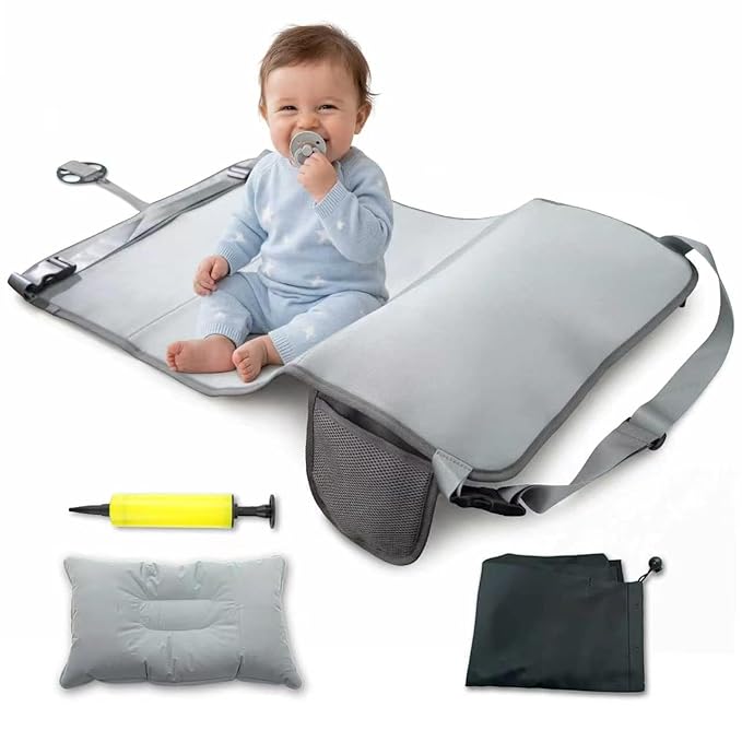 Grey Large Toddler Airplane Bed, Foldable Airplane Seat Extender Footrest, Portable Soft Kids Travel Sleeping Bed, Multi-Scene Flight Essentials for Toddlers Up to 55 lbs