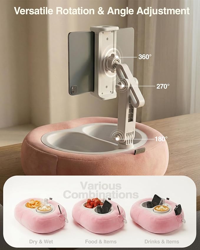 Tablet Pillow Stand, Compatible with 5"-12.9" Kindle, iPad, Phone/Tablet, Google, Samsung, 360° Rotating Phone Holder for Bed, Soft Plush Fabric, Detachable Bowl, Reading and Relaxation on Bed, Pink