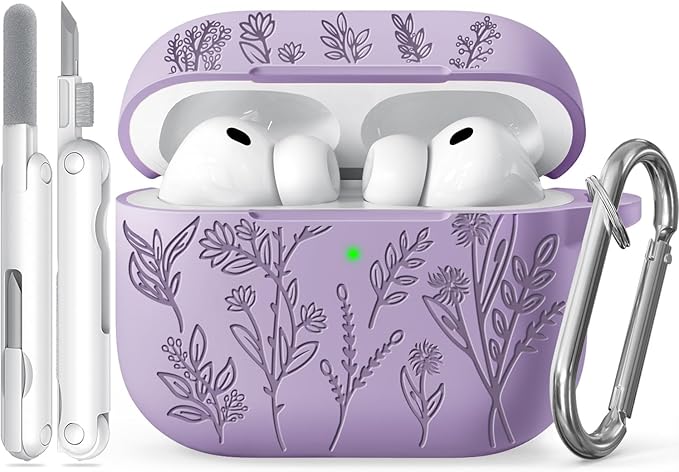 for Airpods Pro 3 Case, Flower Engraved Cases for Apple AirPods Pro 3rd Generation 2025, Soft Silicone Cover for Men Women Girly with Cleaning Kit & Keychain, Anti-Scratch, Shockproof