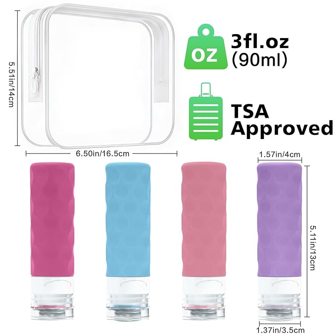 Silevoler Travel Bottles for Toiletries, 4pcs Tsa Approved 3oz Travel Size Containers, BPA Free Leak Proof Premium Silicone Bottles, Refillable Liquid Squeezable Accessories W/Toiletry Bag (Vibrant)