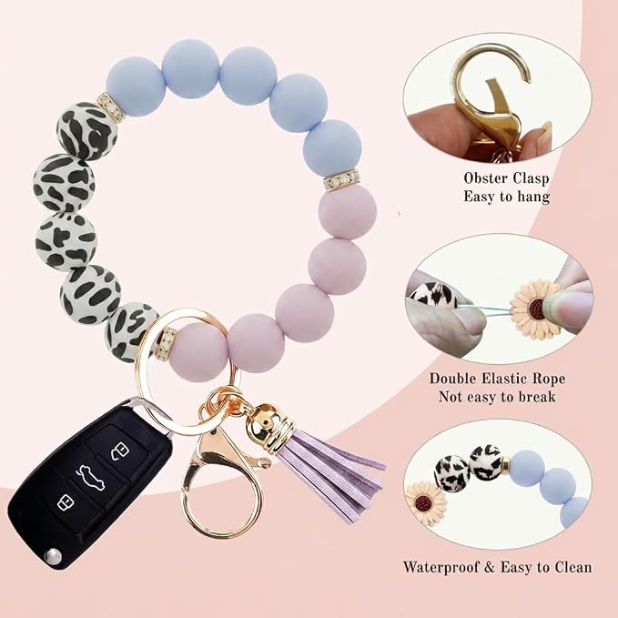2PCS Bracelet Key Ring Set, Cute Car Key chain Wristlet, Silicone Beaded Bangle keyChains for Women Girls