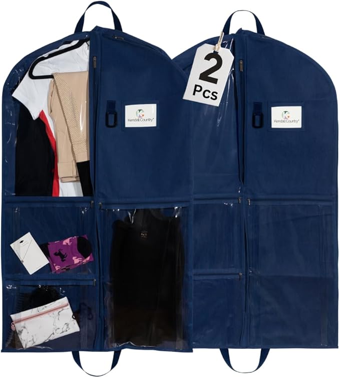Waterproof Hanging Garment Bag 40 inch Clothes Bag with Gusset, 2 Pack, 5 Pockets & Side Zip for Dance Costumes, Sports, Skating, Theatre, Beauty Pageants,Cheer & More by Kendall Country, Navy Blue