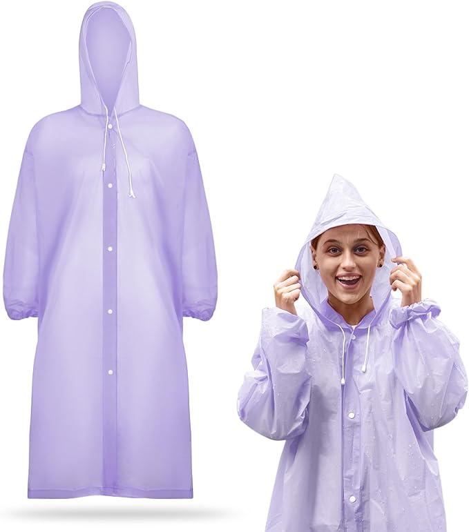 Rain Ponchos for Adults Reusable Rain Coats with Hood and Drawstring Thicken Ponchos Waterproof for Women(Purple)