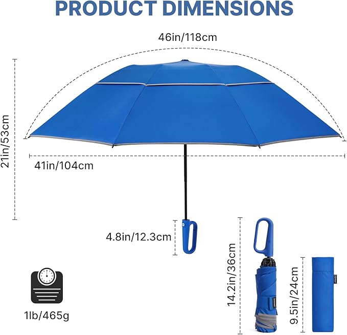 G4Free 46inch Ring Buckle Umbrella, Inverted Design with Carabiner Handle, Compact Travel Umbrella with Reflective Strip, Automatic Windproof for Rain