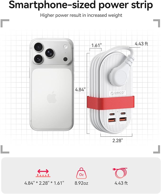 ORICO 45W Power Strip for iPhone 17 and Galaxy S25, 7 in 1 Charging Station with 3AC, 2 USB-A, 2 USB-C, 4ft Thin Extension Cord, Flat Plug Fashion Essential for Cruise Ship/Travel/Home/Dorm - TK45