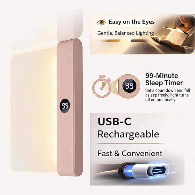 Book Light for Reading in Bed at Night, Rechargeable Flat Book Light with 3 Color Modes & Timer, Dimmable Full Page Light, Clear LED Page Reading Light for Travel(Pink)