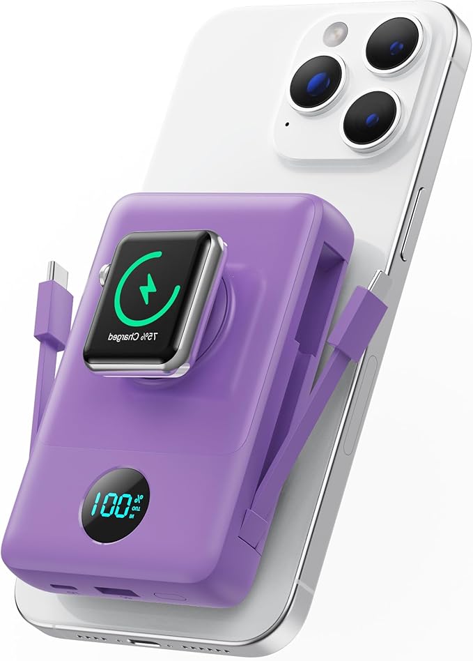 Ekrist Magnetic Portable Charger for MagSafe with Built-in Cable,iWatch Charger,Wireless Power Bank Travel Essentials,25W Fast Charging Battery Pack for iPhone 17/16/15,Apple Watch(Purple,10800mAh)