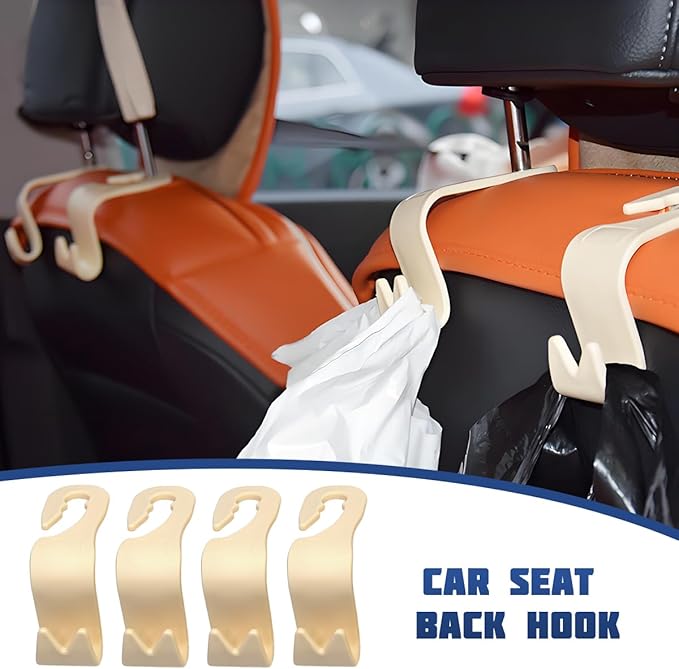 Car Seat Headrest Hook, 4PCS Vehicle Seat Back Storage Hanger for Handbag Purse Grocery, Automotive Interior Organization Holder Hook, Universal for SUV, Truck, RV (Beige)