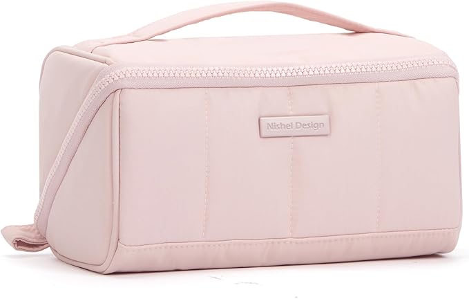 NISHEL Travel Makeup Bag for Women, Fluffy & Lightweight Open Flat Cosmetic Organizer with Multiple Functional Divider for Brush Independent Storage, Handle for Easy Portability, Large, Pink