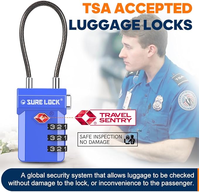 SURE LOCK TSA Approved Luggage Locks with Open Alert Indicator, 3 Digit Combination Cable Travel Lock for Suitcase, Backpack, Gym Locker, Toolbox, Carry On & Travel Bag