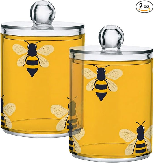 2 Pack Qtip Holder Organizer Dispenser Bees Yellow Pattern Bathroom Storage Canister Cotton Ball Holder Container for Cotton Pads/Swabs/Floss