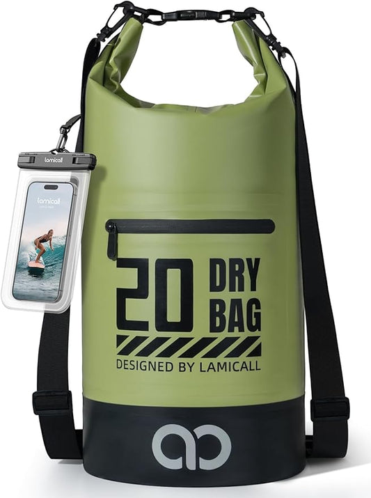 Lamicall Waterproof Dry Bag with Phone Pouch, Floating Roll Top Backpack, 20L, Green