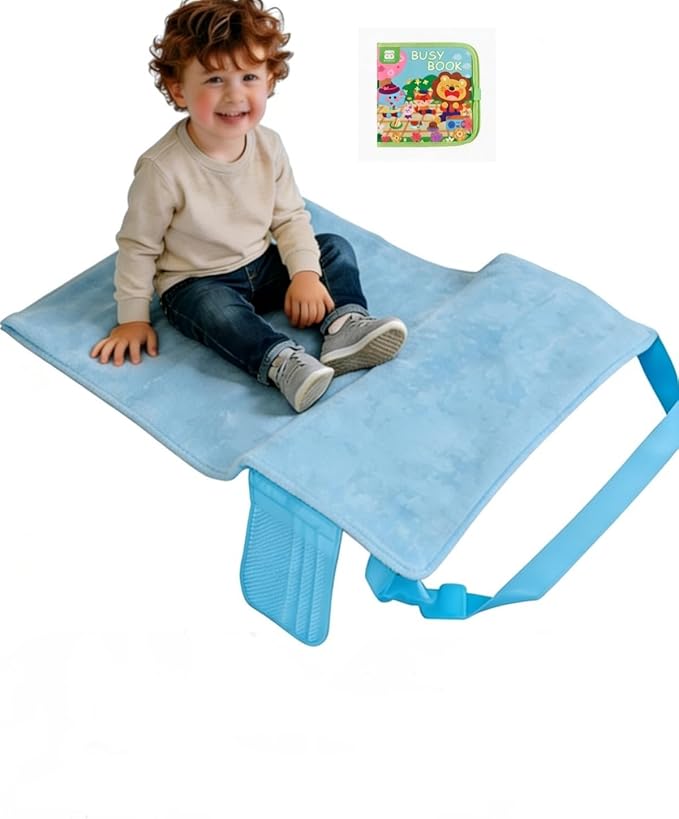 Light Blue Toddler Airplane Bed with Cloth Book, Portable Airplane Seat Extender Travel Bed for Kids, Soft Baby Plane Travel Essentials for Flying, Toddlers Long Flight Must Haves Footrest