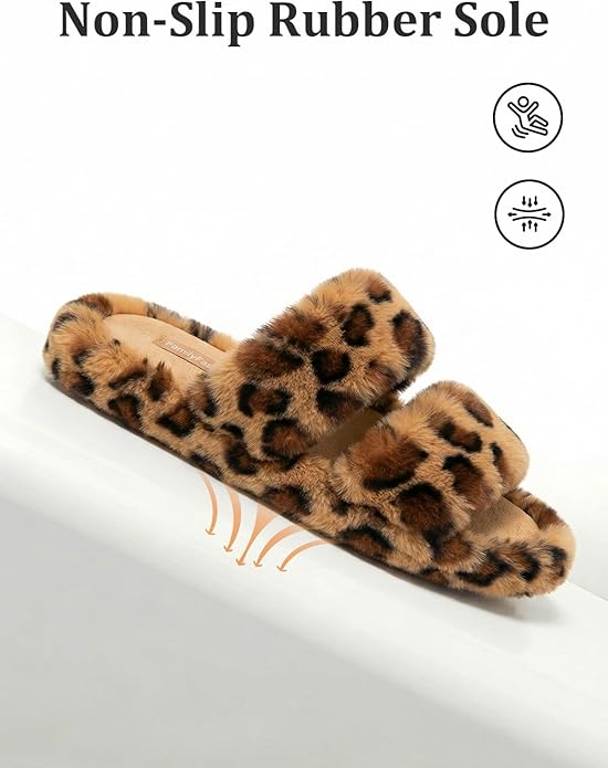 FamilyFairy Women's Fluffy Faux Fur Slippers Comfy Open Toe Two Band Slides with Fleece Lining and Rubber Sole
